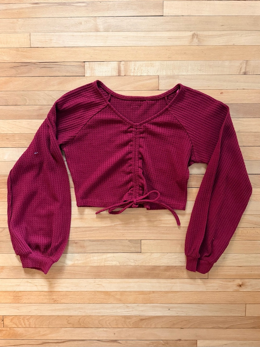 Ruched Burgundy Cropped Long-Sleeve Waffle Top